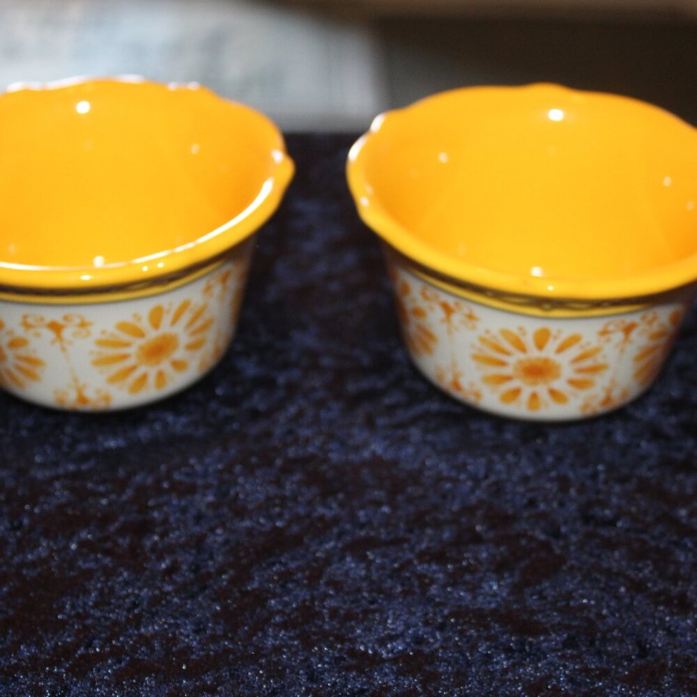 Pioneer Woman Ramekin Stoneware - Yellow Floral Burst Design -Set 2